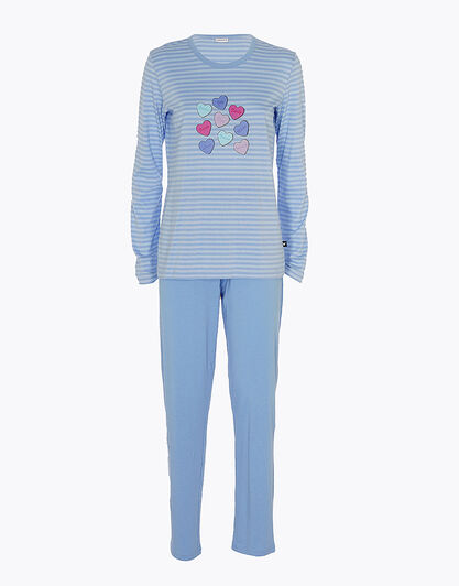 Pigiama lungo chiuso in jersey di cotone, azzurro a righe con stampa, , LOVABLE