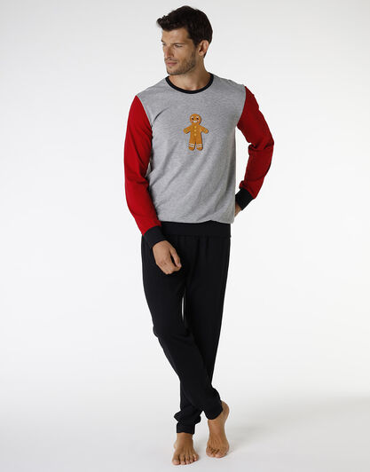 Pigiama in jersey di cotone, grigio melange e rosso con stampa, , LOVABLE