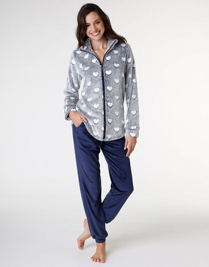 Homewear aperto in pelliccetta jacquard e micropile, blu, , LOVABLE