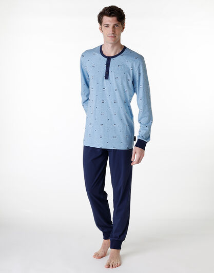 Pigiama lungo serafino in jersey, azzurro melange, , LOVABLE