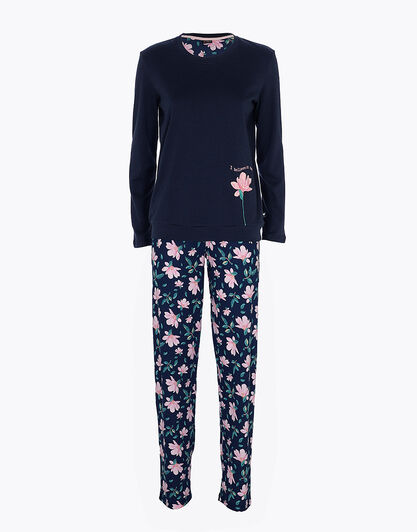 Pigiama lungo in interlock di cotone, blu con stampa floreale, , LOVABLE