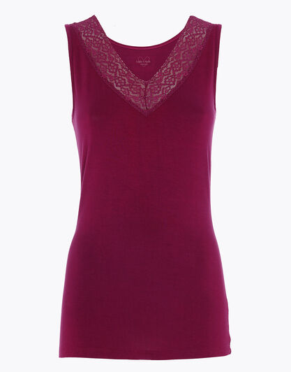 Canotta Donna Warm & Soft in Viscosa Spalla Larga con Pizzo, bordeaux, , LOVABLE