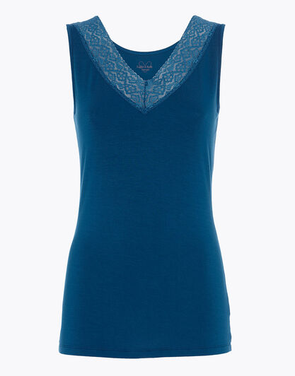 Canotta Donna Warm & Soft in Viscosa Spalla Larga con Pizzo, blu ottanio, , LOVABLE