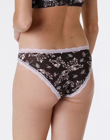 Slip Lovable Panties in cotone e pizzo elasticizzati, stampa fiori fondo caffè, , LOVABLE