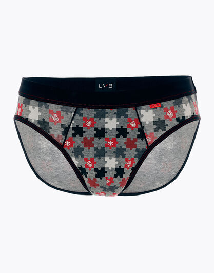Slip Printed Stretch Cotton Xmas, grigio melange scuro con stampa a puzzle, , LOVABLE