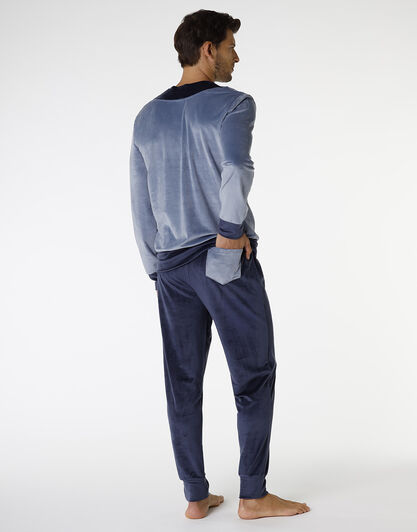 Pigiama lungo in ciniglia, blu polvere e blu navy, , LOVABLE