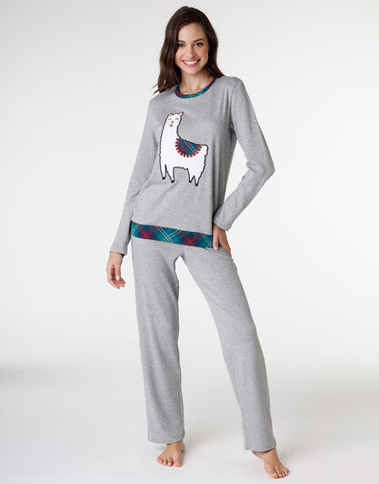 Pigiama lungo in interlock di cotone, grigio melange con stampa, , LOVABLE