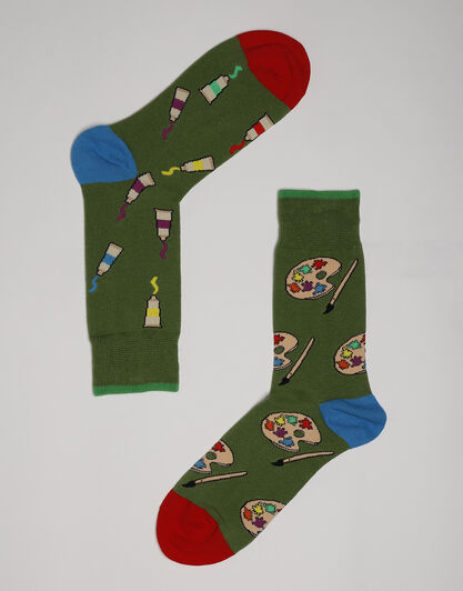 Calzini corti Crazy Socks in cotone, verde scuro con stampa, , LOVABLE