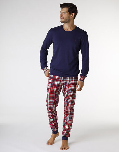 Pigiama in interlock di cotone, blu navy e stampa check rosso e bianco, , LOVABLE