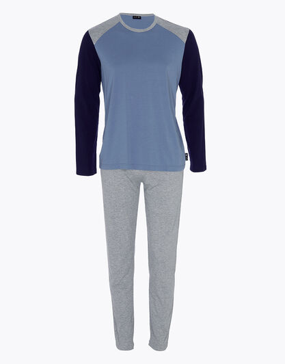 Piagiama lungo in cotone, blu polvere, blu navy e grigio melange, , LOVABLE