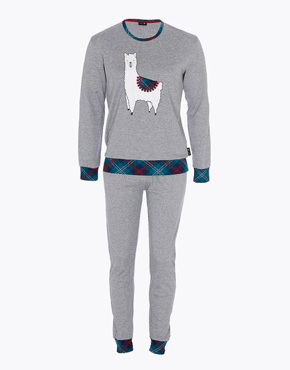 Pigiama in interlock di cotone, grigio melange scuro con stampa alpaca, , LOVABLE