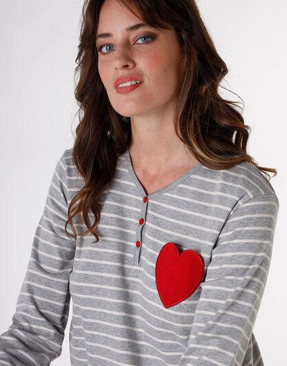 Pigiama in interlock di cotone, grigio melange rigato con ricamo cuore, , LOVABLE