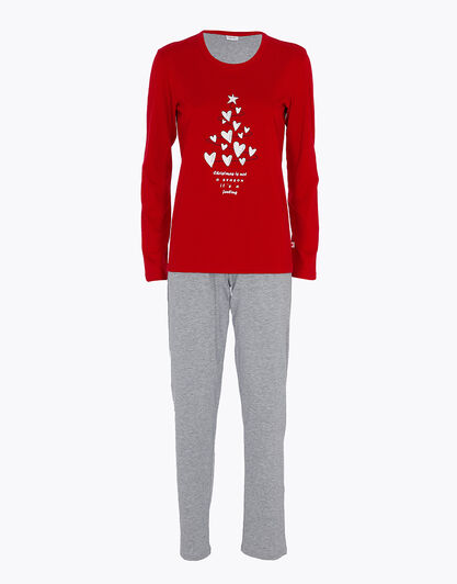 Pigiama lungo in jersey di cotone, rosso con stampa, , LOVABLE