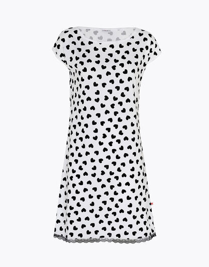 Camicia da notte in jersey di cotone, stampa cuori neri su sfondo bianco, , LOVABLE