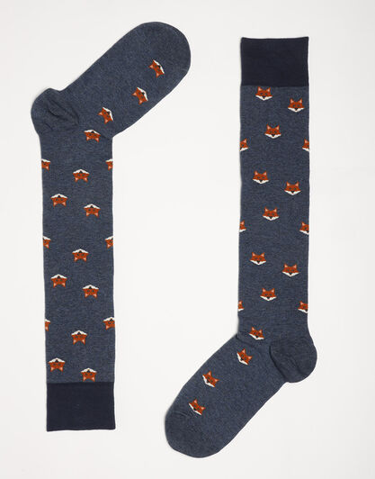 Calzini lunghi Fancy Allover in cotone, blu denim con stampa volpi, , LOVABLE