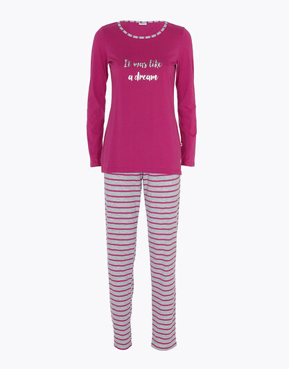 Pigiama lungo in jersey di cotone, rosa ciclamino con stampa, , LOVABLE