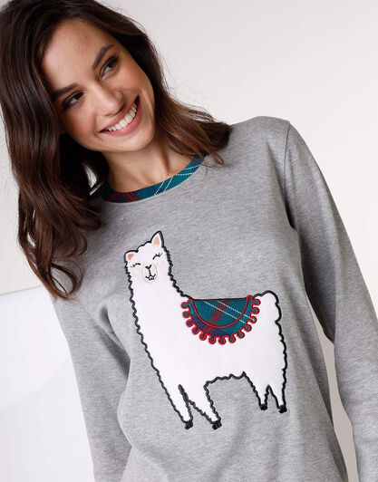 Pigiama lungo in interlock di cotone, grigio melange con stampa, , LOVABLE