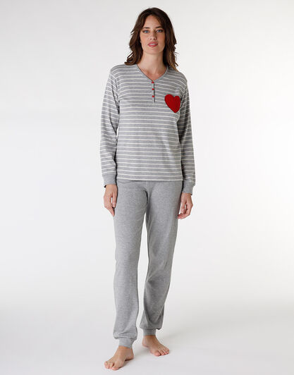 Pigiama in interlock di cotone, grigio melange rigato con ricamo cuore, , LOVABLE