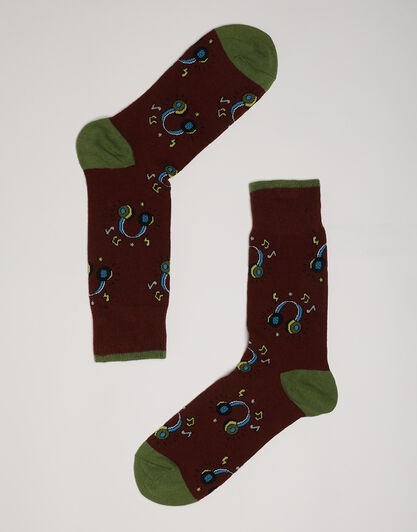 Calzini corti Crazy Socks in cotone, bordeaux con stampa musica, , LOVABLE