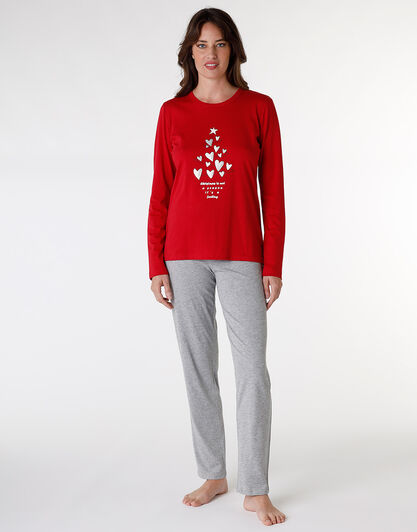 Pigiama lungo in jersey di cotone, rosso con stampa, , LOVABLE
