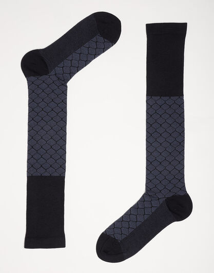 Calzini lunghi Elegant Knitted Bamboo, blu scuro e blu denim con motivo a rombi, , LOVABLE