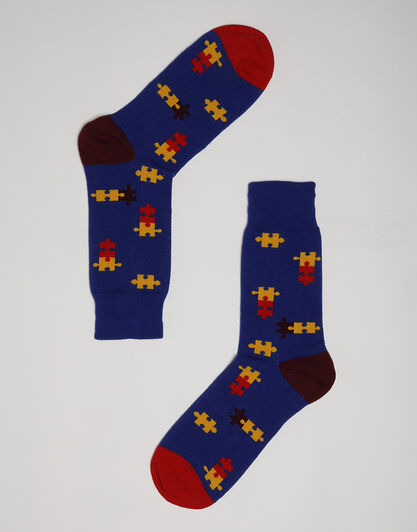 Calzini corti Crazy Socks in cotone, blu con stampa puzzle, , LOVABLE