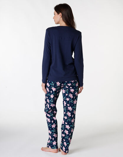 Pigiama lungo in interlock di cotone, blu con stampa floreale, , LOVABLE