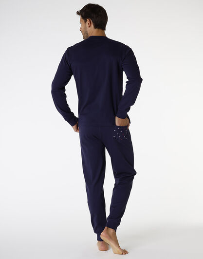 Pigiama in interlock di cotone, blu navy con micro-stampa puzzle , , LOVABLE