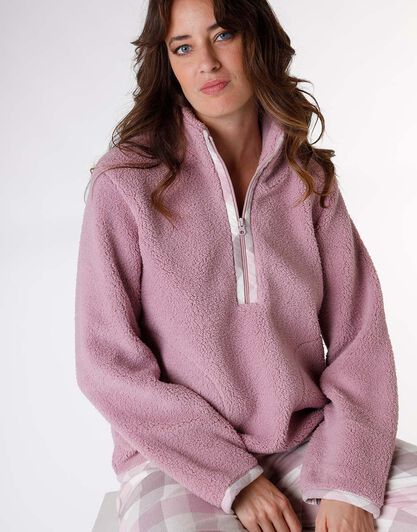Pigiama lungo con pelliccetta agnellata e flanella, rosa e grigio, , LOVABLE