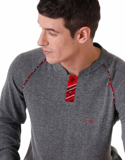Pigiama lungo uomo in cotone interlock e flanella, tartan grigio e rosso, , LOVABLE