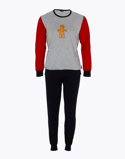 Pigiama in jersey di cotone, grigio melange e rosso con stampa, , LOVABLE