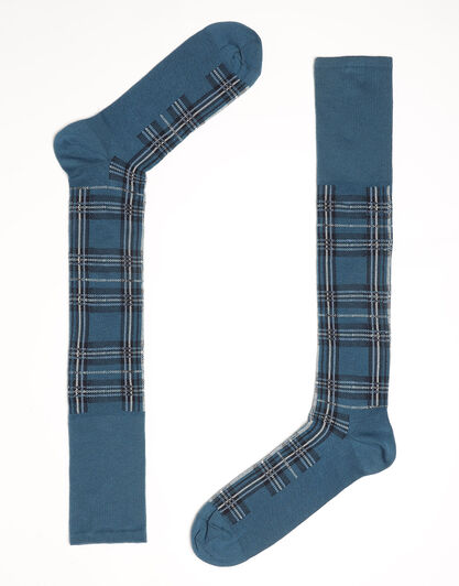 Calzini lunghi Check in cotone, petrolio con fantasia geometrica, , LOVABLE