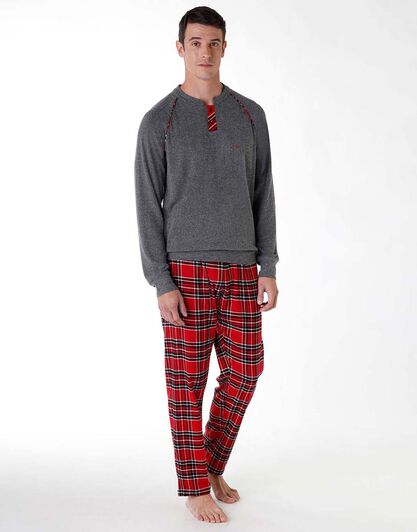 Pigiama lungo uomo in cotone interlock e flanella, tartan grigio e rosso, , LOVABLE