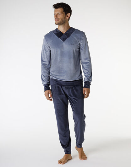 Pigiama lungo in ciniglia, blu polvere e blu navy, , LOVABLE