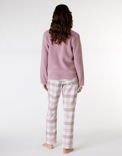Pigiama lungo con pelliccetta agnellata e flanella, rosa e grigio, , LOVABLE