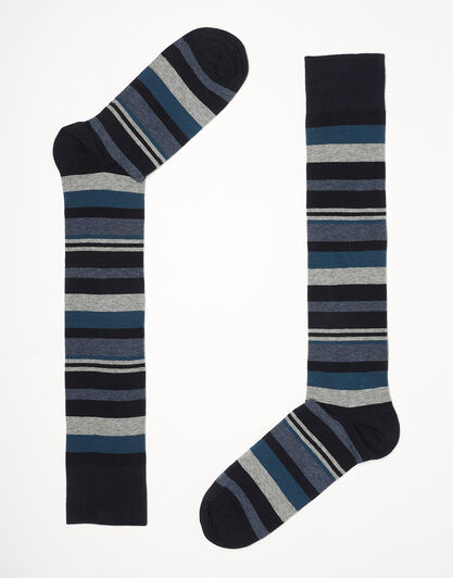 Calzini lunghi Irregular Stripes in cotone, a righe petrolio, blu denim e grigio, , LOVABLE