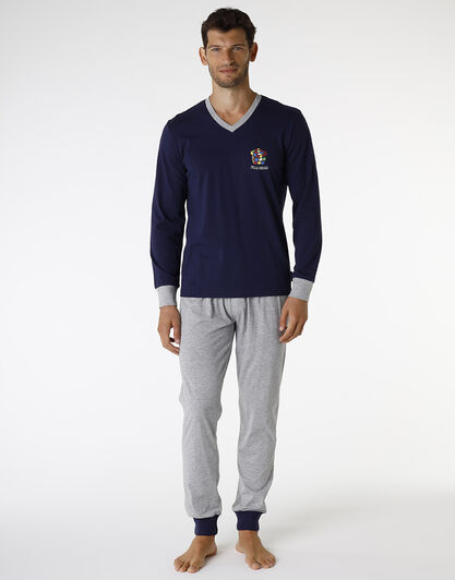 Pigiama in jersey di cotone, blu navy e grigio melange, , LOVABLE