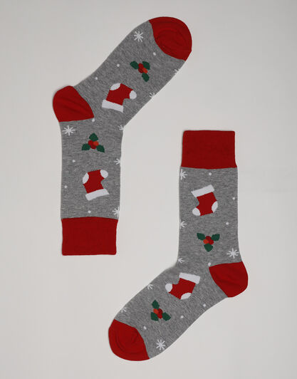 Calzini corti Crazy Socks in cotone, grigio con stampa di calze natalizie, , LOVABLE