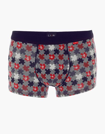 Boxer Printed Stretch Cotton Xmas, grigio melange scuro con stampa puzzle, , LOVABLE