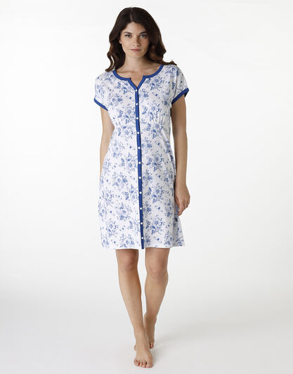 Camicia da notte aperta manica corta in jersey, bianco con stampa blu, , LOVABLE