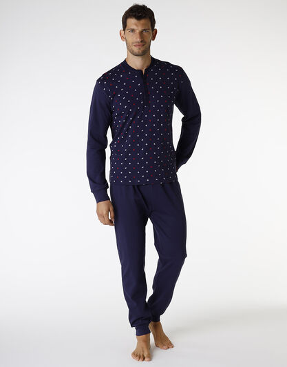 Pigiama in interlock di cotone, blu navy con micro-stampa puzzle , , LOVABLE