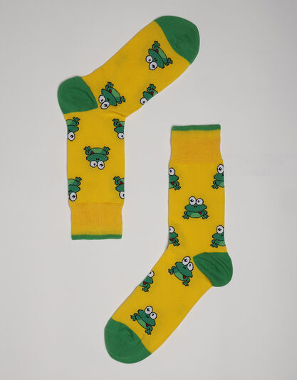 Calzini corti Crazy Socks in cotone, gialli con stampa rane, , LOVABLE