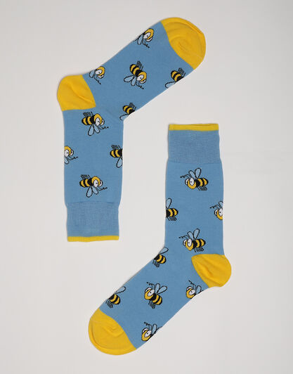 Calzini corti Crazy Socks in cotone, azzurri con stampa api, , LOVABLE