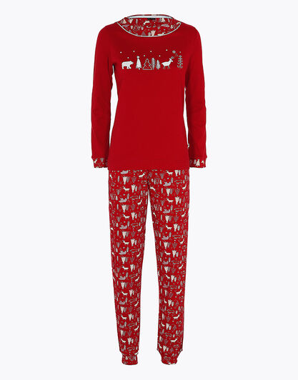 Pigiama in interlock di cotone, rosso con stampa natalizia, , LOVABLE
