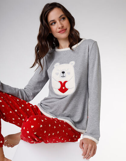 Pigiama in interlock di cotone, grigio melange con stampa orsacchiotto, , LOVABLE