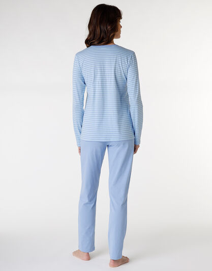 Pigiama lungo chiuso in jersey di cotone, azzurro a righe con stampa, , LOVABLE