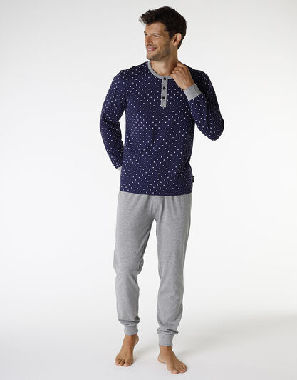 Pigiama lungo in jersey di cotone, blu navy con motivo geometrico, , LOVABLE