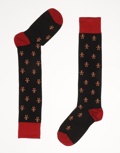 Calzini lunghi Fancy Allover in cotone, nero con stampa omino pan di zenzero, , LOVABLE