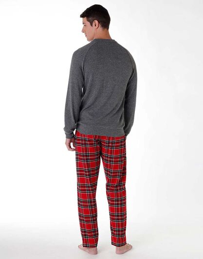 Pigiama lungo uomo in cotone interlock e flanella, tartan grigio e rosso, , LOVABLE