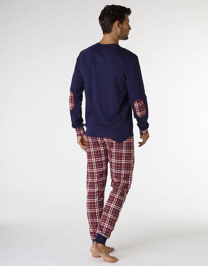 Pigiama in interlock di cotone, blu navy e stampa check rosso e bianco, , LOVABLE